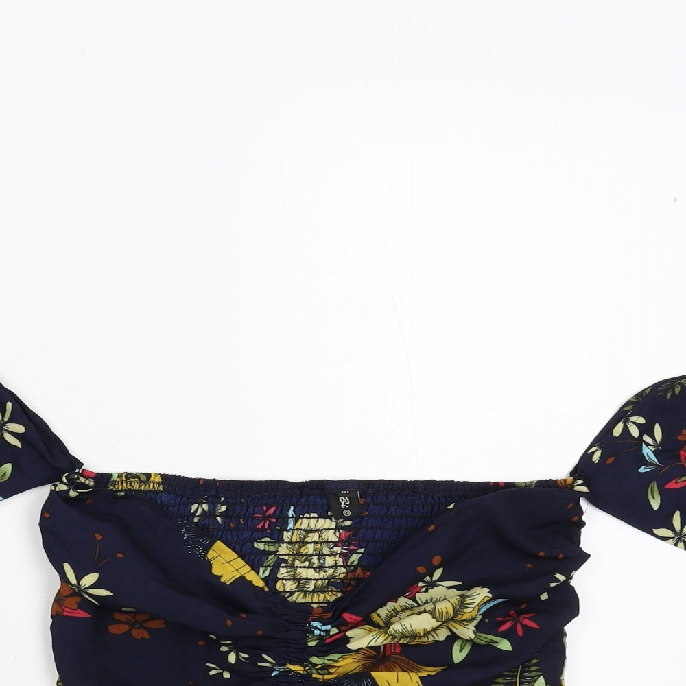 Bi Fang Womens Blue Floral  Cropped Blouse Size M