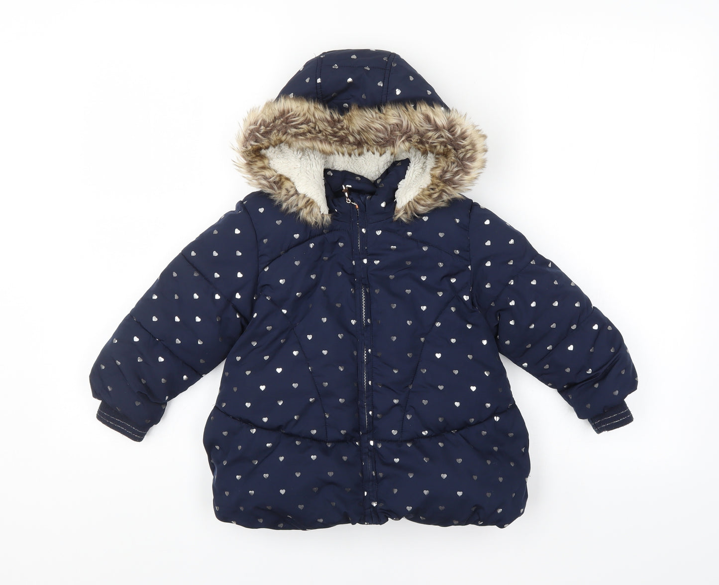 Preworn Girls Blue Spotted  Overcoat Coat Size 2-3 Years