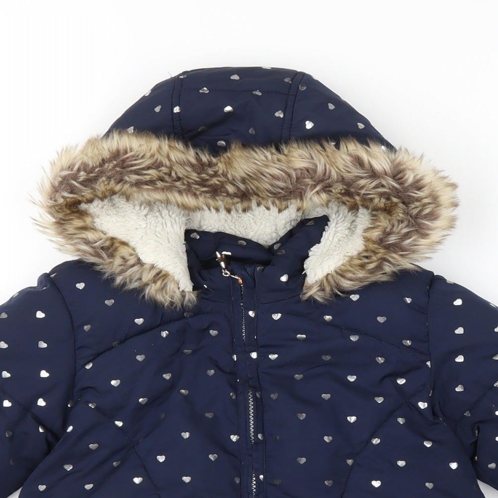 Preworn Girls Blue Spotted  Overcoat Coat Size 2-3 Years