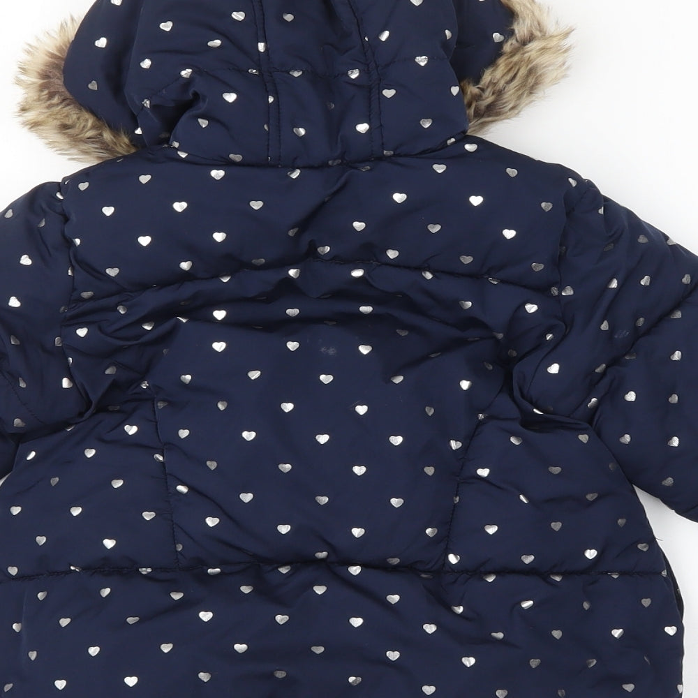 Preworn Girls Blue Spotted  Overcoat Coat Size 2-3 Years