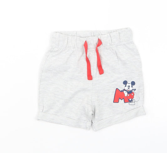 Front view of Primark boys’ grey cropped trousers, size 3-6, months - mickey mouse