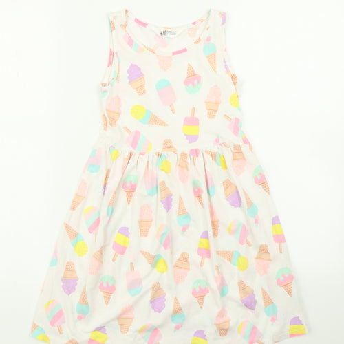 H&M Girls White   Skater Dress  Size 9-10 Years  - Ice Cream Print
