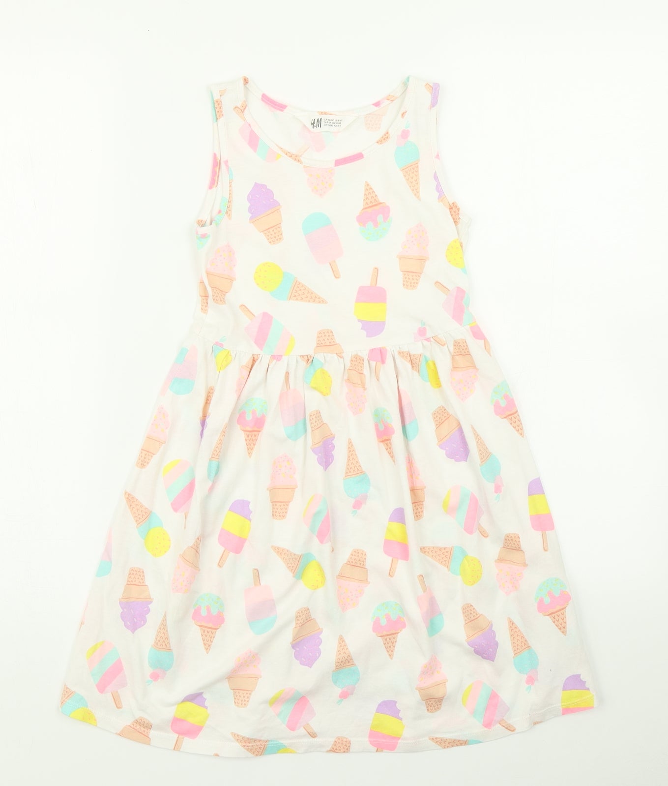 H&M Girls White   Skater Dress  Size 9-10 Years  - Ice Cream Print
