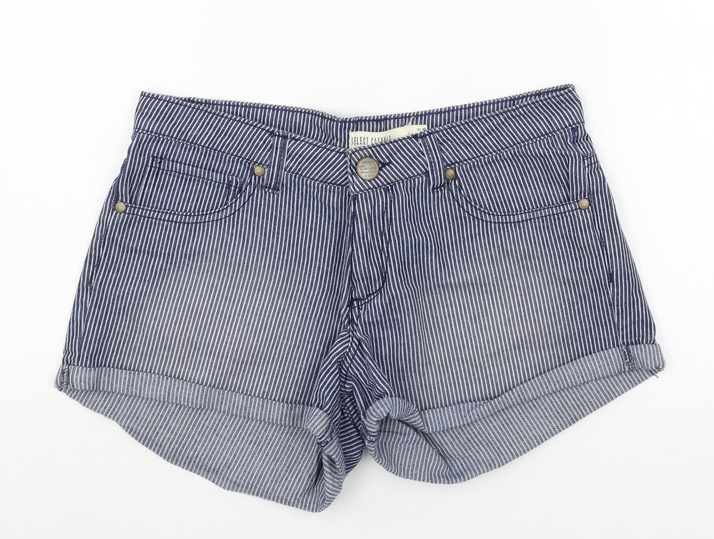 Select Womens Blue Striped Denim Hot Pants Shorts Size 8