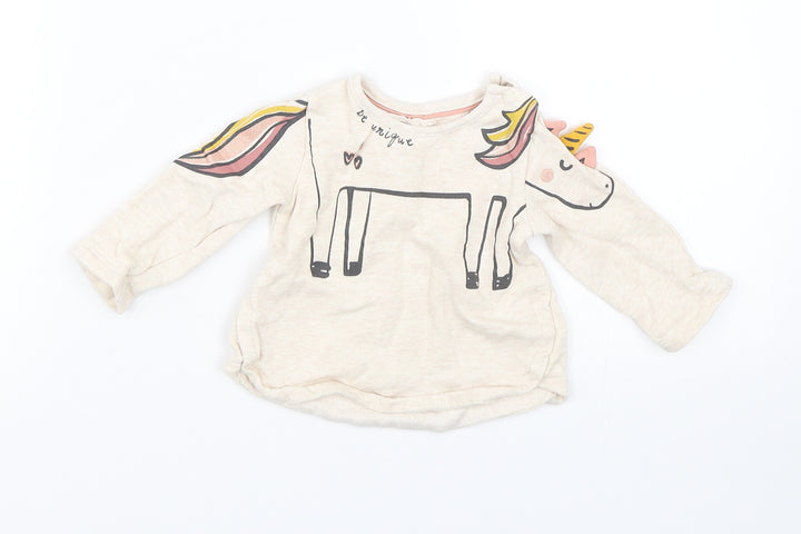 F&F Girls Beige   Basic T-Shirt Size 0-3 Months  - unicorn