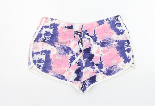 Front view of Primark women’s multicoloured geometric cut-off shorts, size S, - elasticated waist