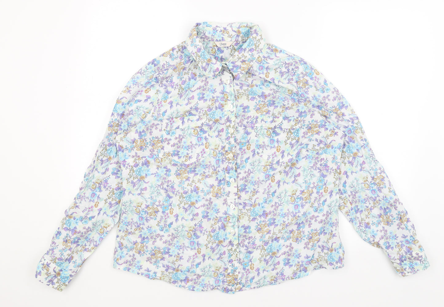 M&S Womens White Floral  Basic Button-Up Size 16