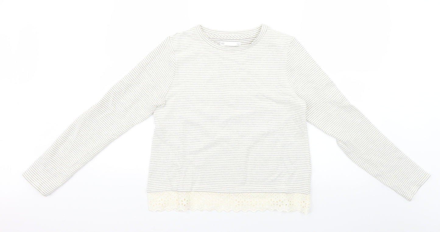 Marks and Spencer Girls White Striped Knit Pullover Jumper Size 13-14 Years