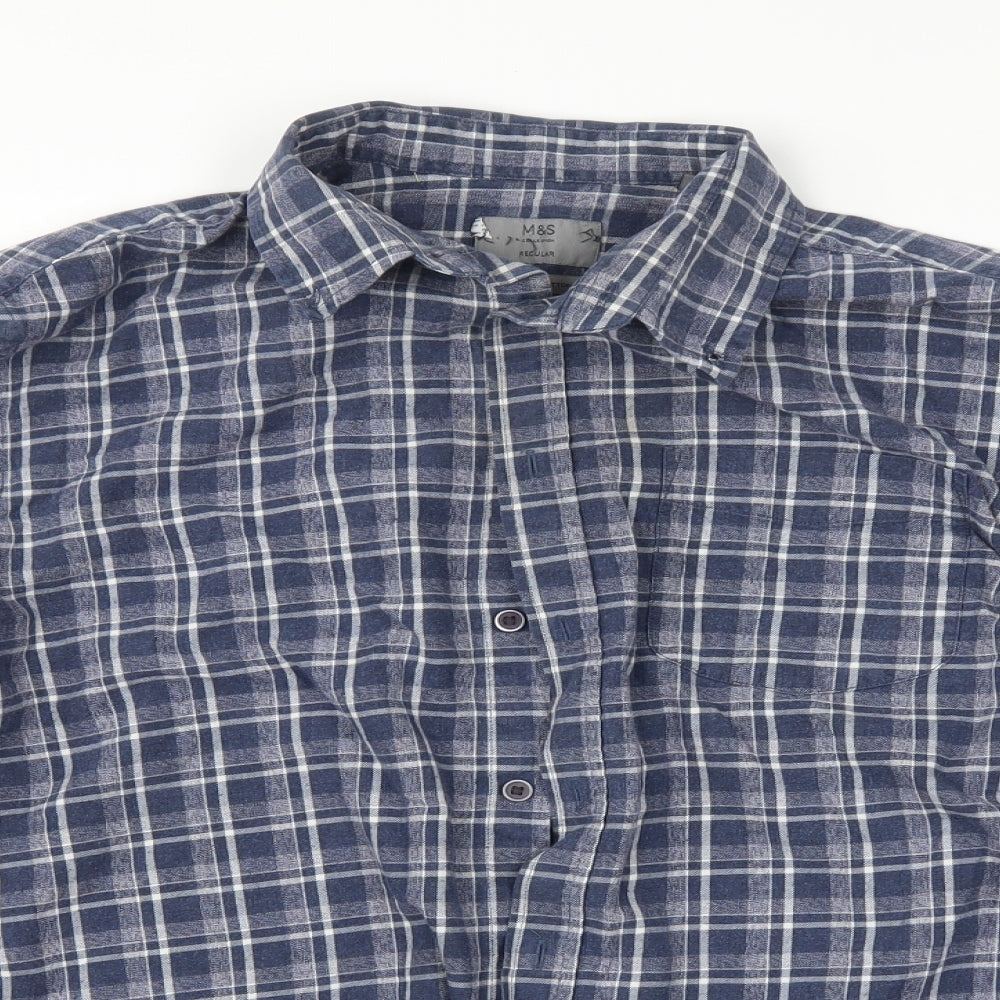M&S Mens Blue Check   Button-Up Size L