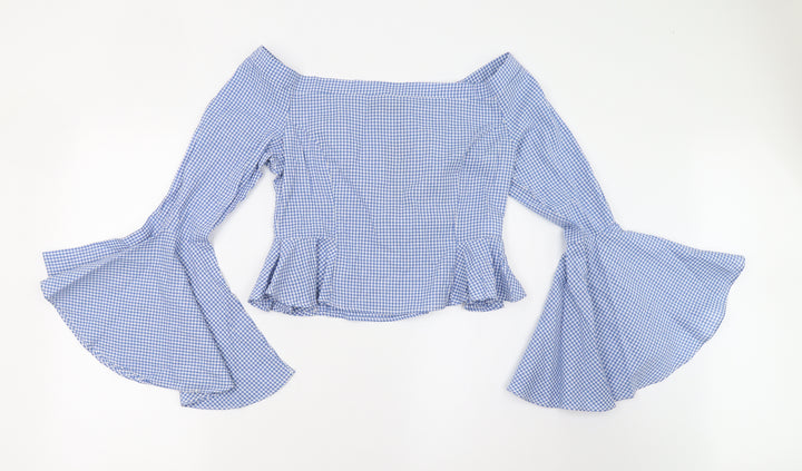 Boohoo Womens Blue Check Basic Blouse Size 10