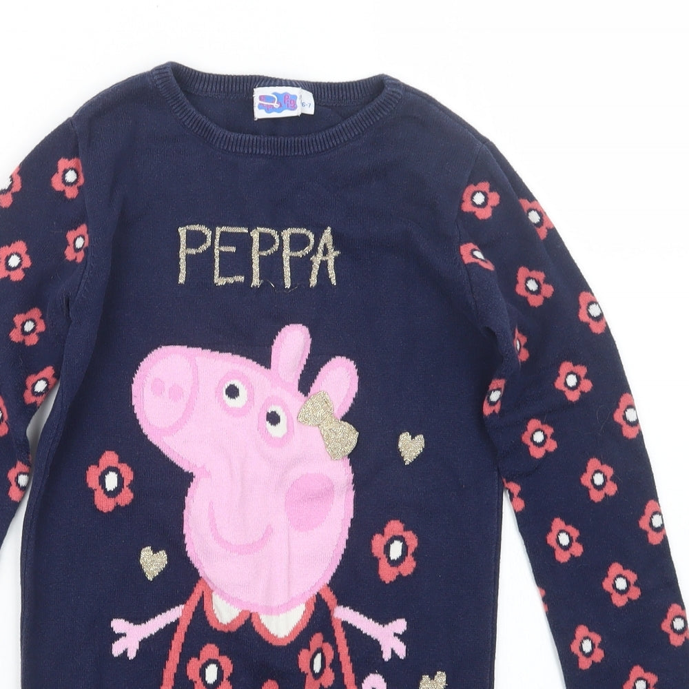 Peppa Pig Girls Blue  Knit Pullover Jumper Size 6-7 Years  - Peppa Pig