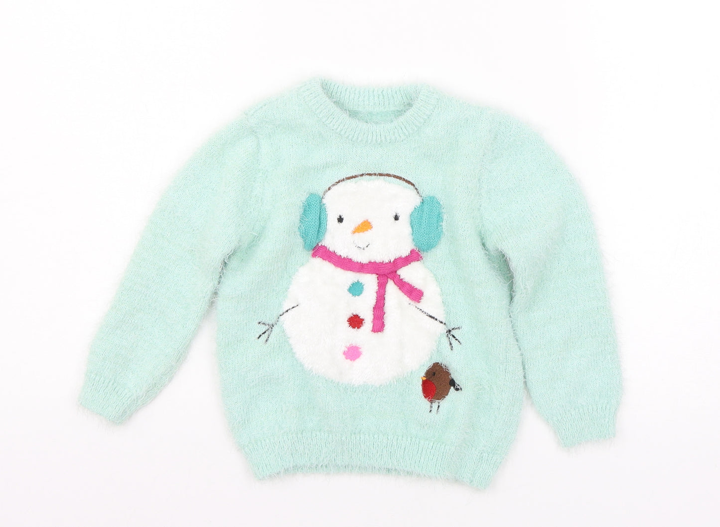 Nutmeg Girls Green  Knit Pullover Jumper Size 3-4 Years  - Snowman