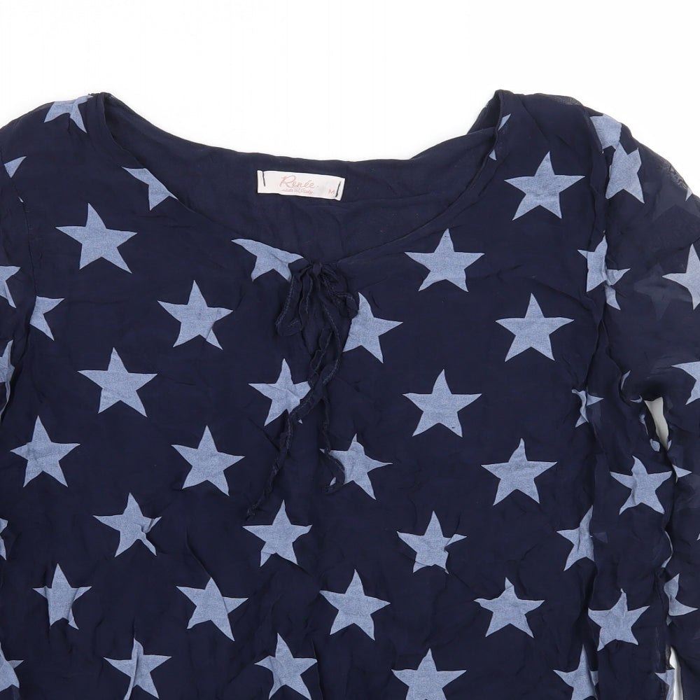 Renee Womens Blue Geometric  Basic Blouse Size M