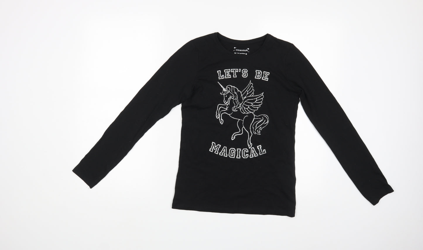 Primark Girls Black   Basic T-Shirt Size 11 Years  - Unicorn