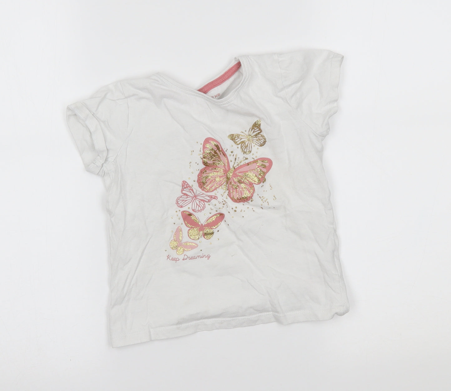Primark Girls White   Basic T-Shirt Size 5-6 Years  - butterfly, keep dreaming