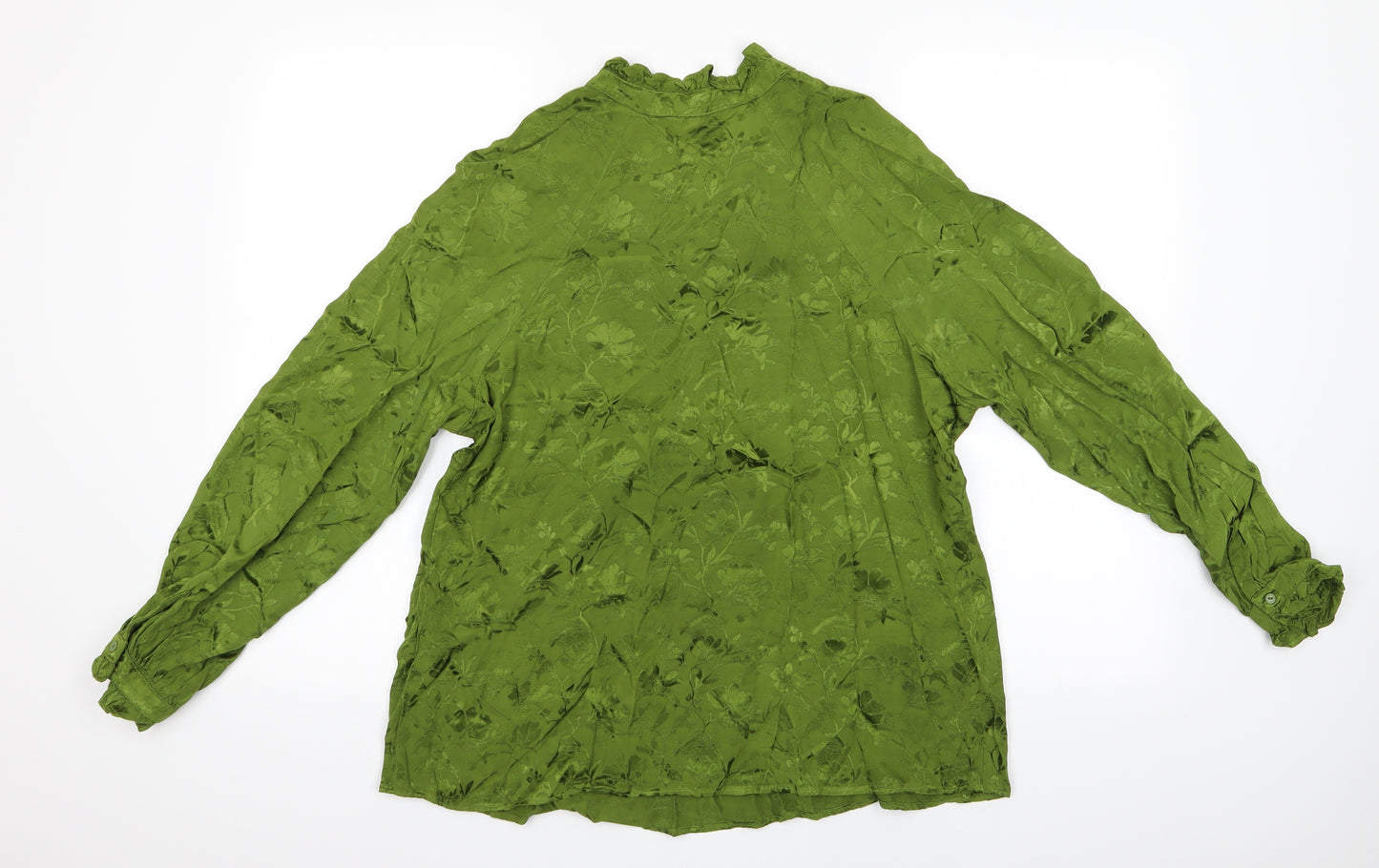Marks and Spencer Womens Green Floral  Basic Blouse Size 12  - Frilled Collar and Cuffs