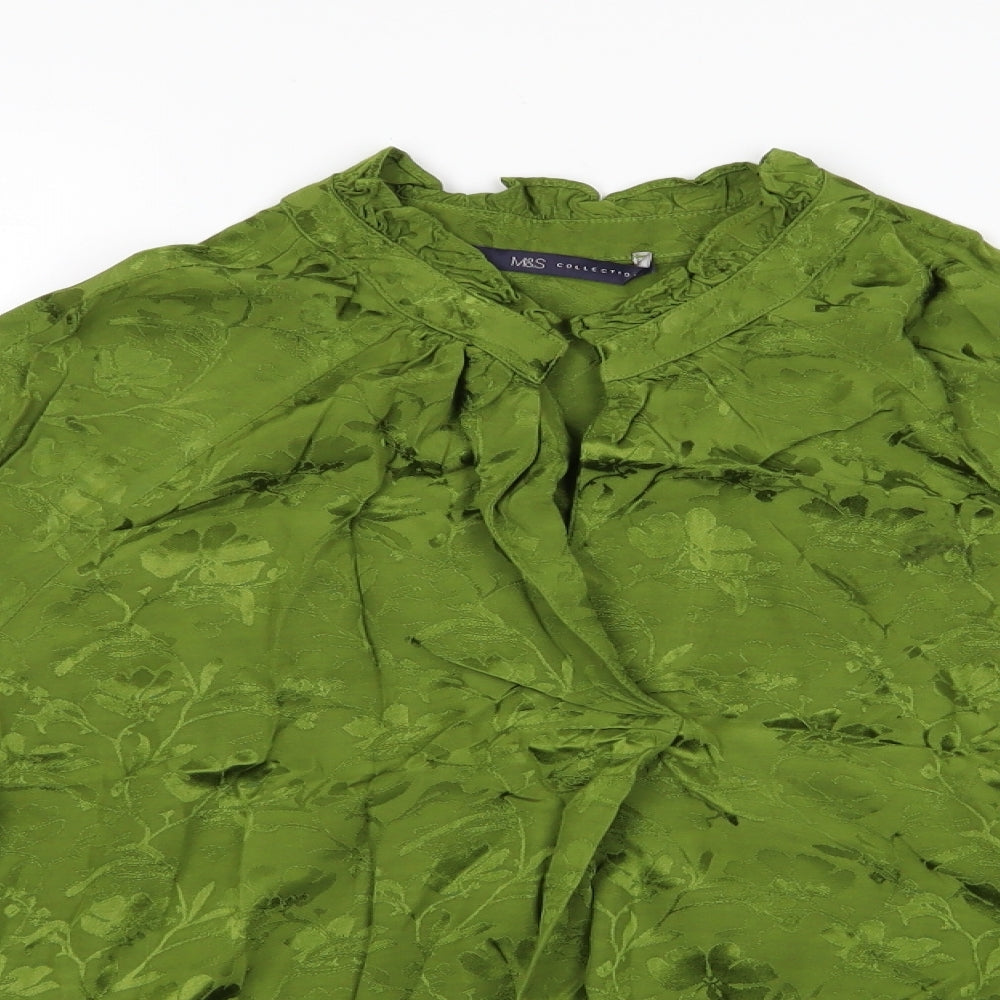 Marks and Spencer Womens Green Floral  Basic Blouse Size 12  - Frilled Collar and Cuffs