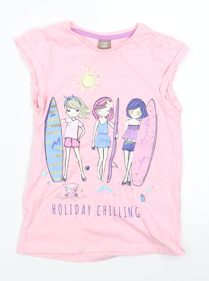 Little Kids Girls Pink Basic T-Shirt Size 5-6 Years - Holiday Chilling