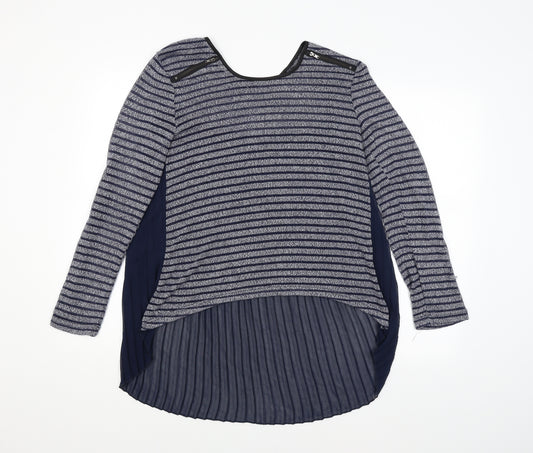 Front view of Quiz women’s blue striped basic blouse, size UK 10