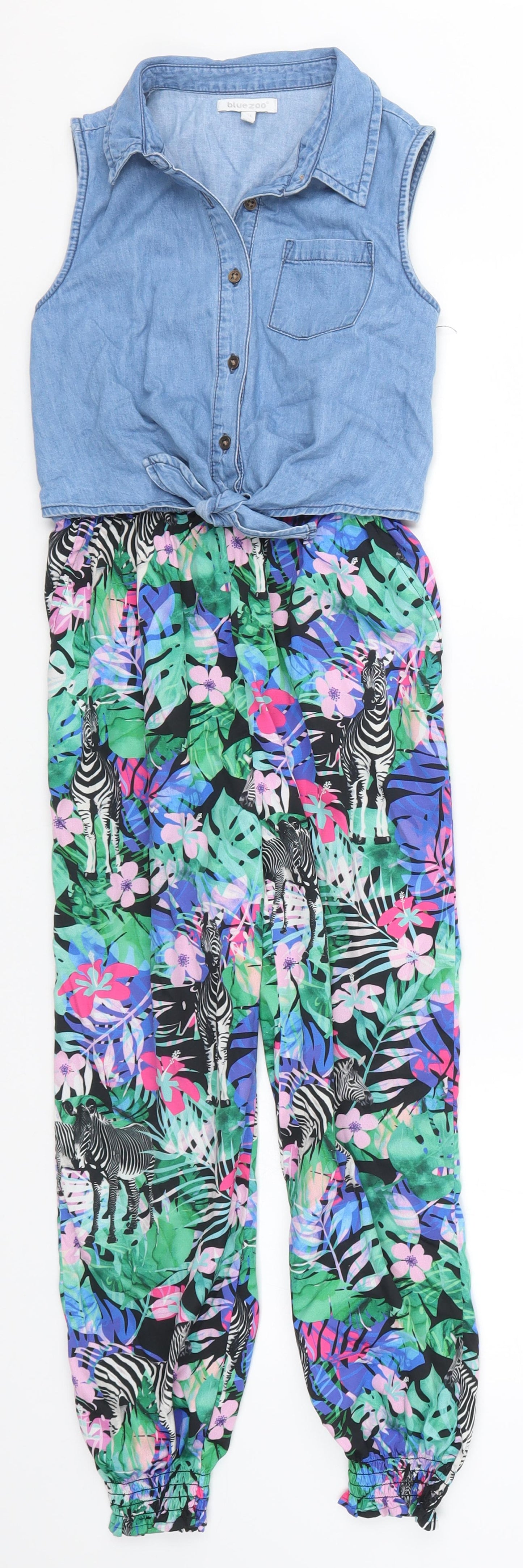Bluezo Girls Multicoloured Floral Denim Jumpsuit One-Piece Size 9 Years  - Zebra Floral Print Bottoms