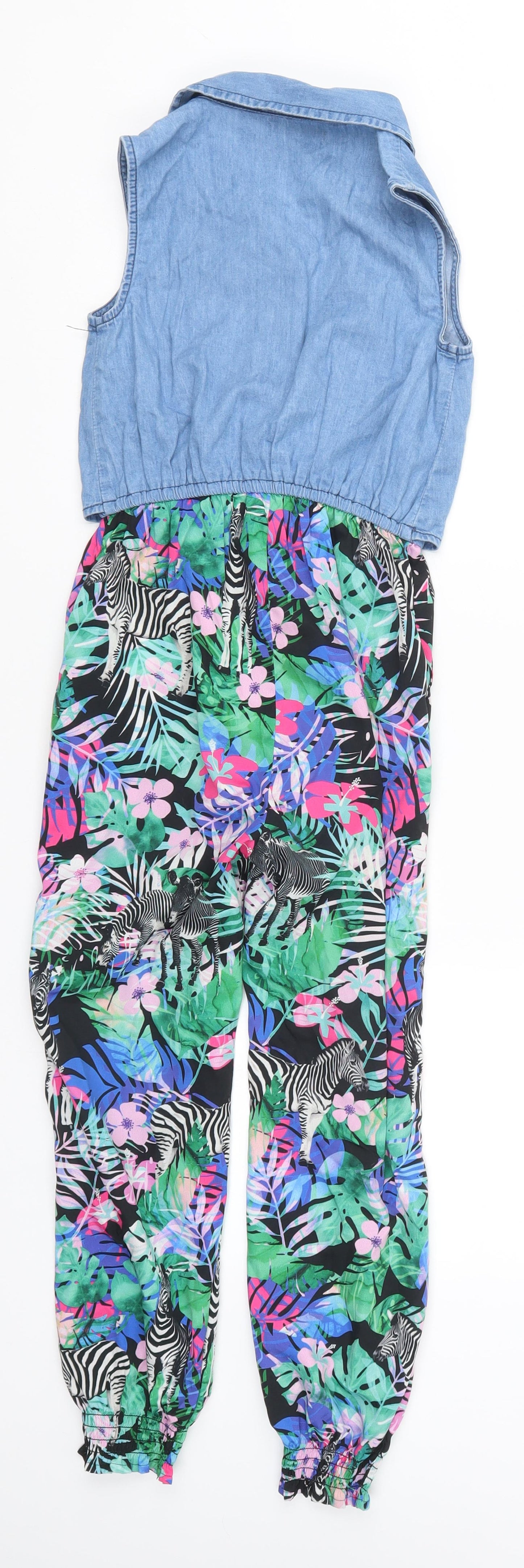 Bluezo Girls Multicoloured Floral Denim Jumpsuit One-Piece Size 9 Years  - Zebra Floral Print Bottoms