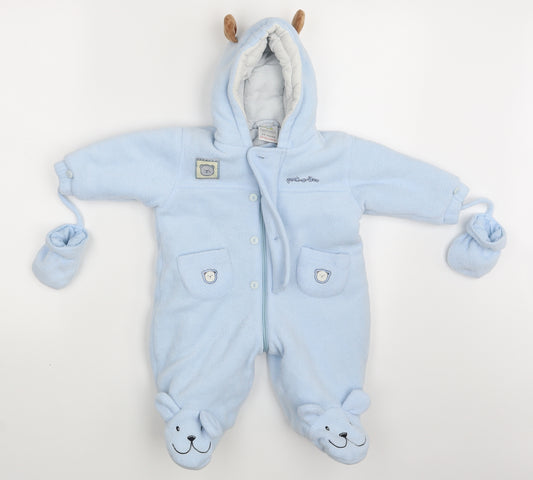 Front view of Sproggs boys’ blue babygrow one-piece, size 3-6, months