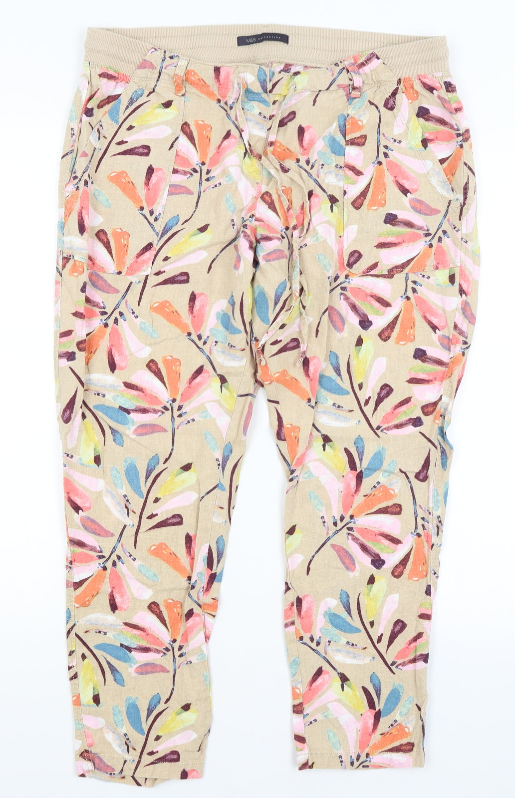 M&S Womens Brown Floral  Cropped Trousers Size 14 L23 in