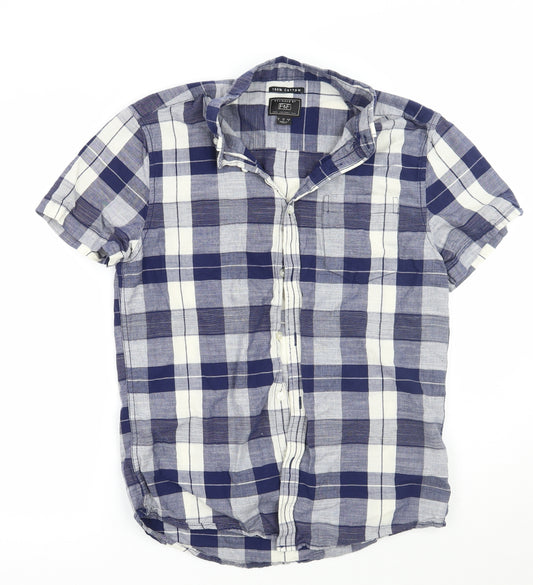 Front view of F&F men’s blue check button-up, size S