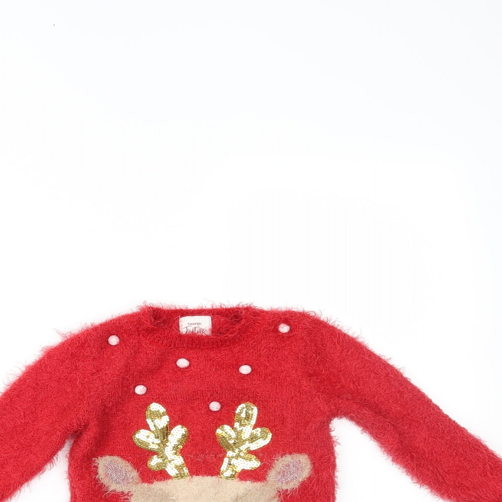 George Girls Red   Pullover Jumper Size 3-4 Years  - christmas