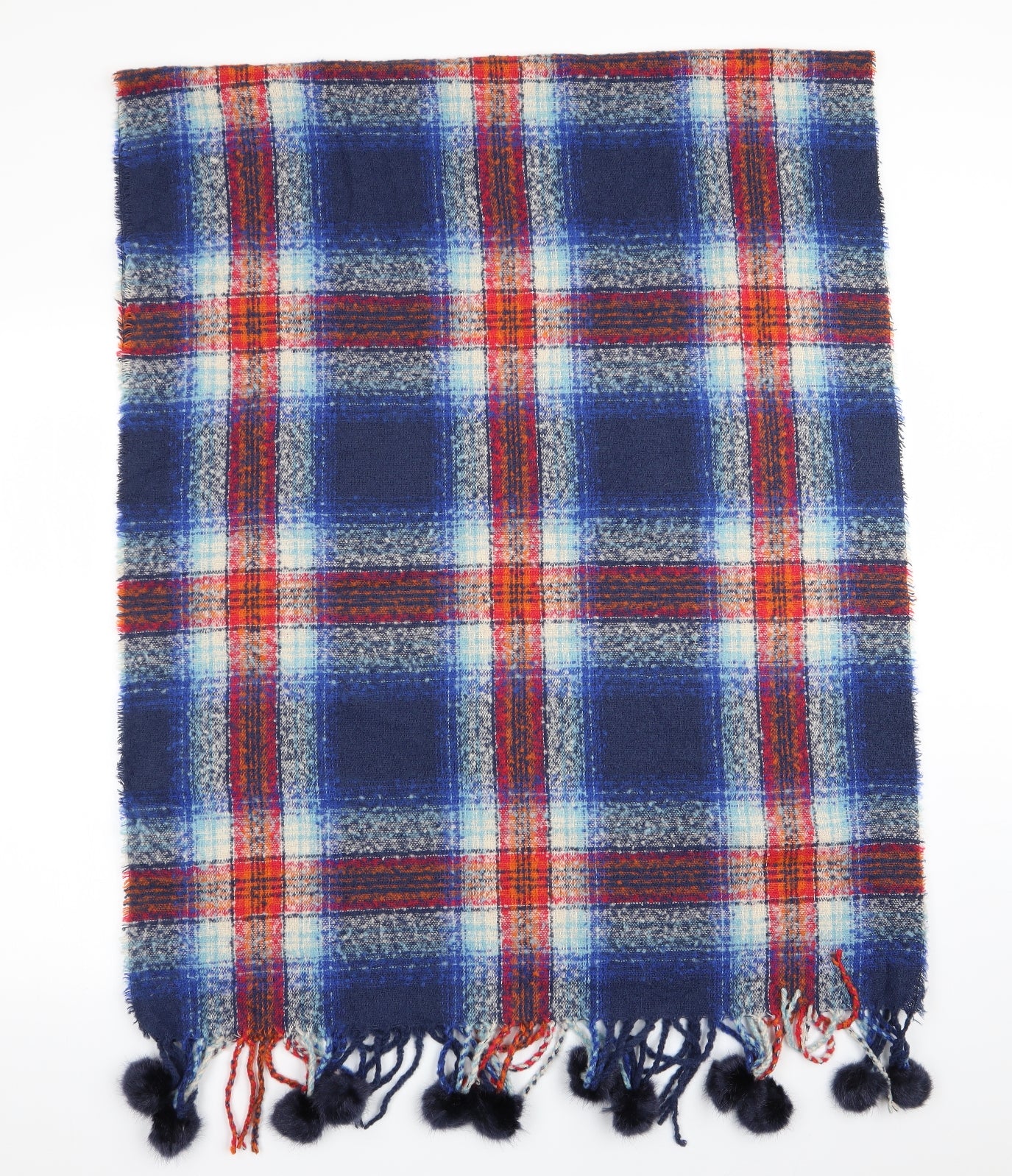 Preworn Womens Blue Check   Shawl/Wrap   - Pom Pom detail