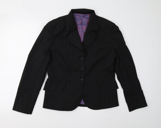 Front view of Wardrobes women’s black striped jacket suit jacket, size UK 12
