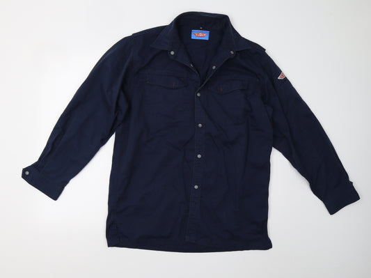 Front view of Pure First men’s blue button-up, size XL