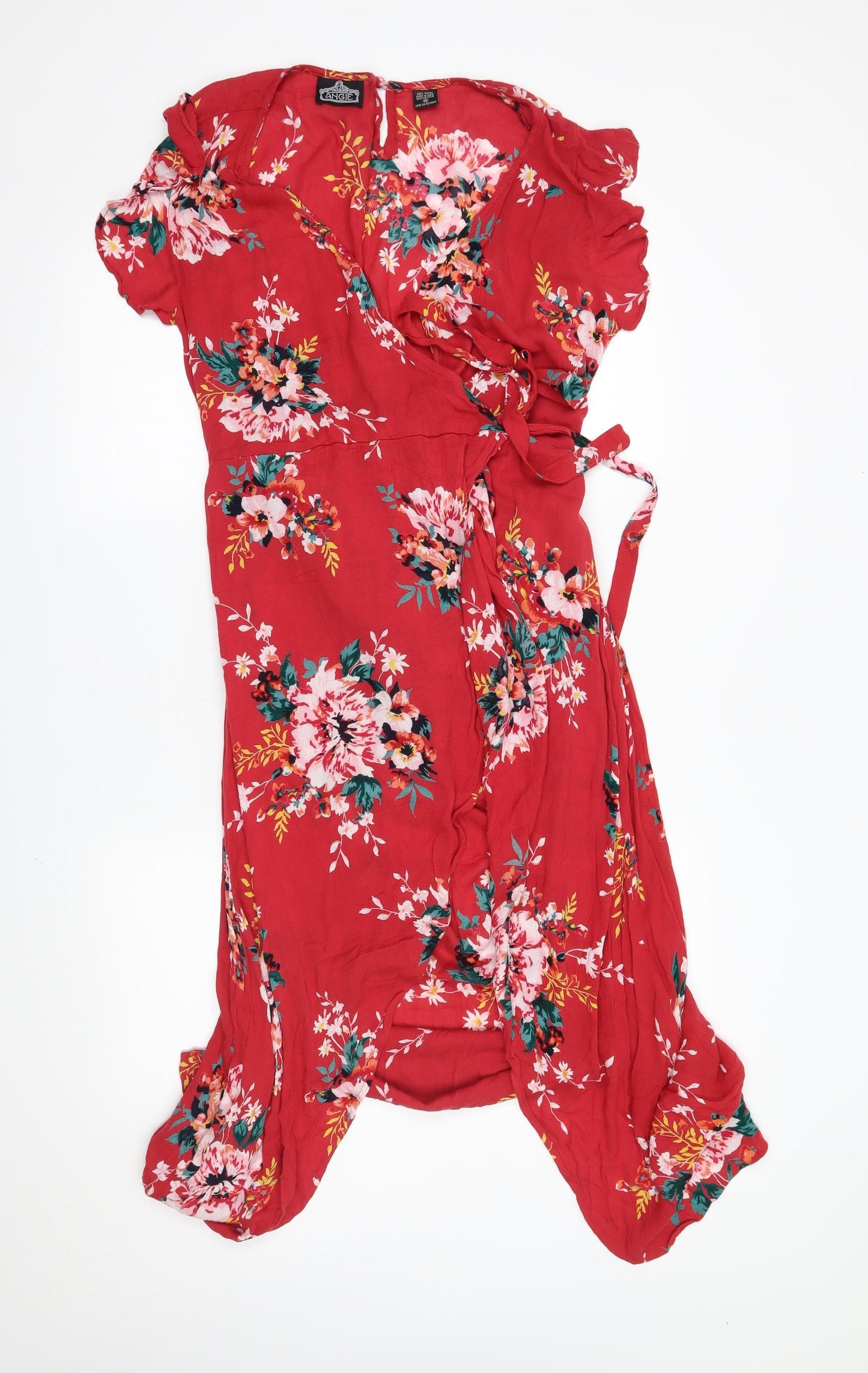 Angie Womens Red Floral  Wrap Dress  Size M
