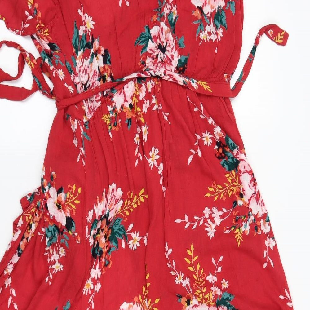 Angie Womens Red Floral  Wrap Dress  Size M