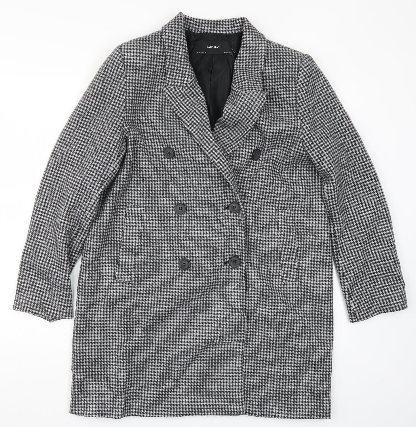 Zara Womens Black Houndstooth  Pea Coat Coat Size L  - Black and White