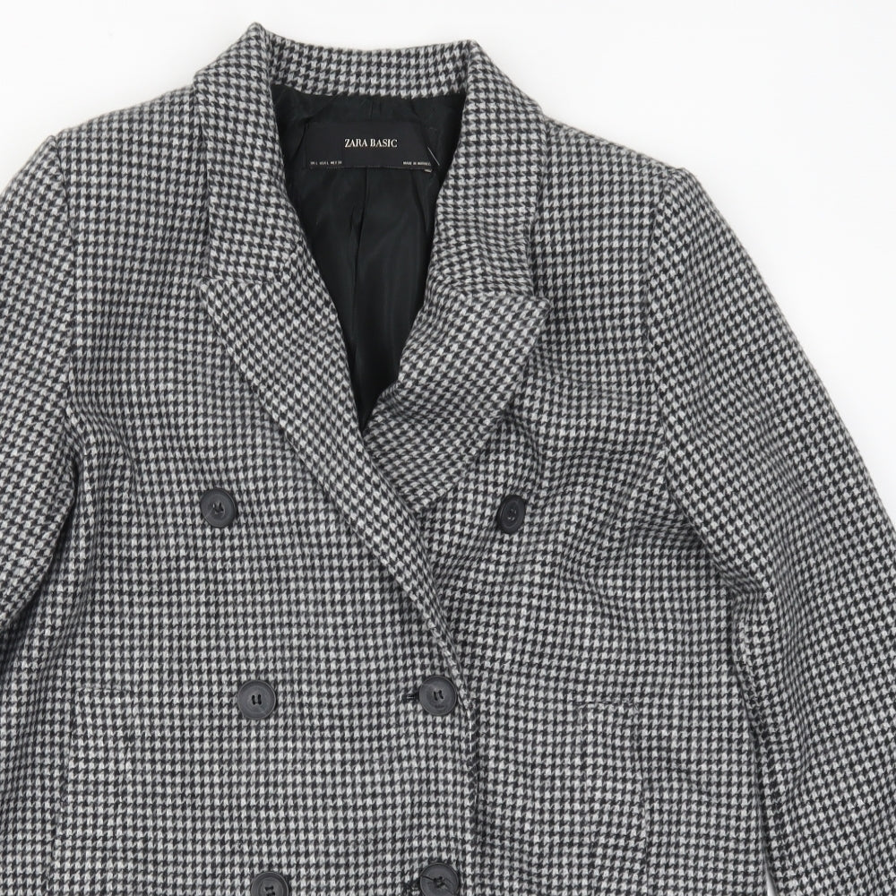 Zara Womens Black Houndstooth  Pea Coat Coat Size L  - Black and White