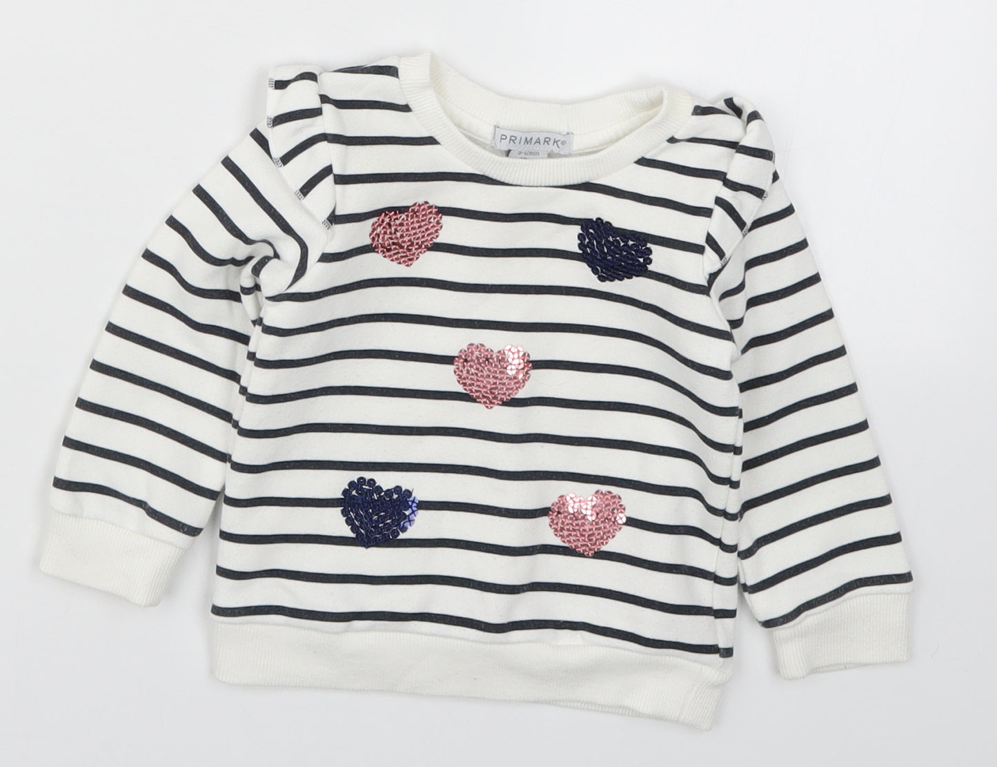 Primark Girls White Striped  Basic T-Shirt Size 9-12 Months  - Love Hearts