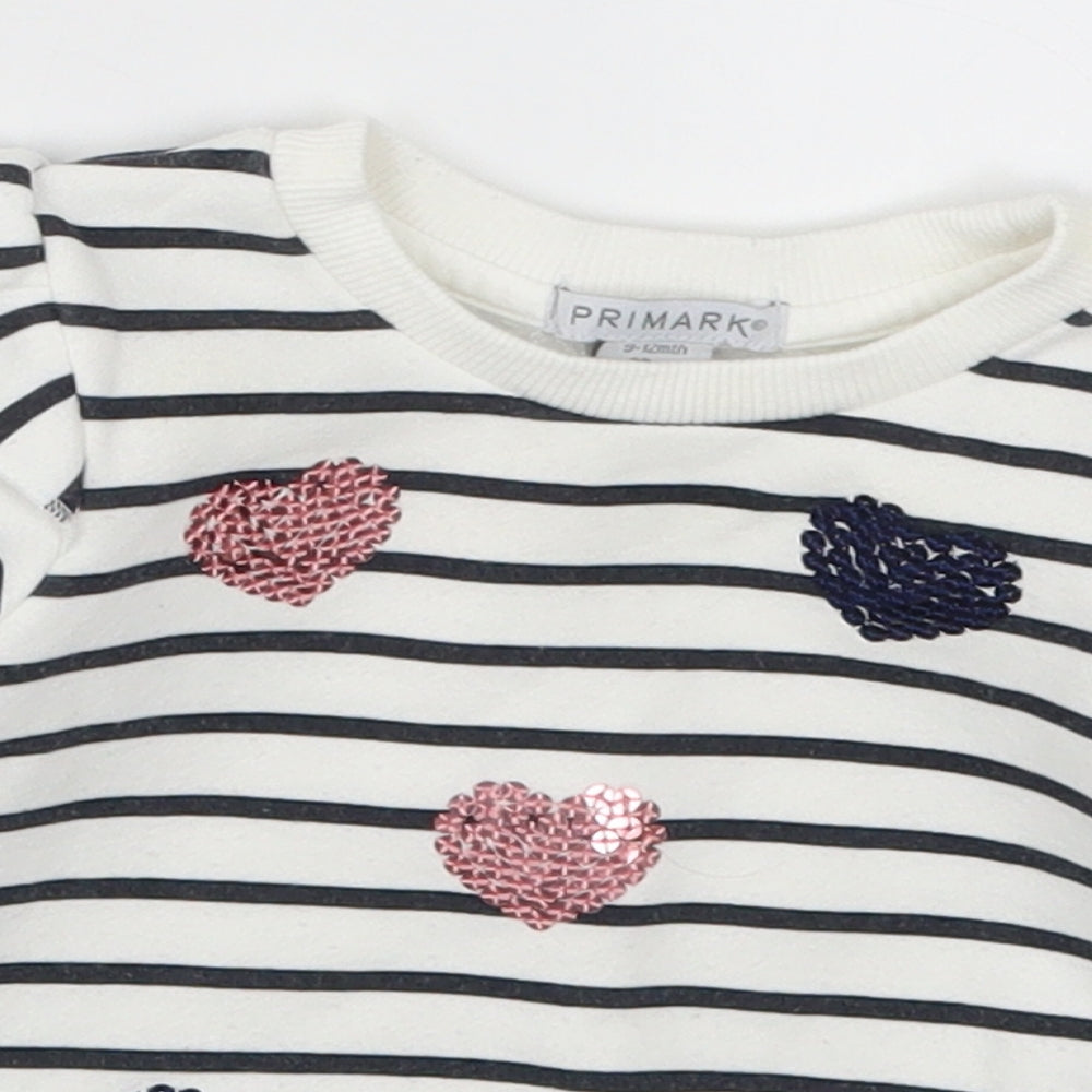 Primark Girls White Striped  Basic T-Shirt Size 9-12 Months  - Love Hearts