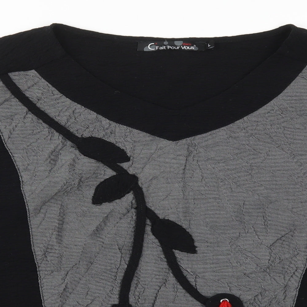 Fat Pour Vous Womens Black   Basic T-Shirt Size L  - Leaf Pattern