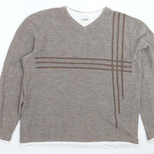 Easy Mens Grey Striped Knit Pullover Jumper Size 2XL
