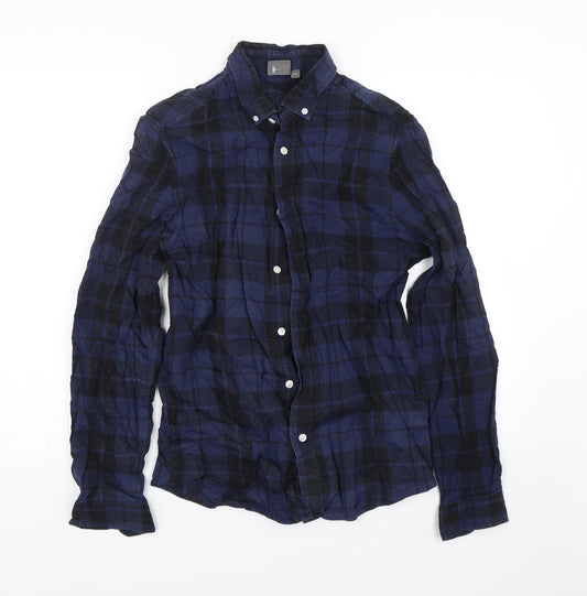 Front view of ASOS men’s blue check button-up, size M