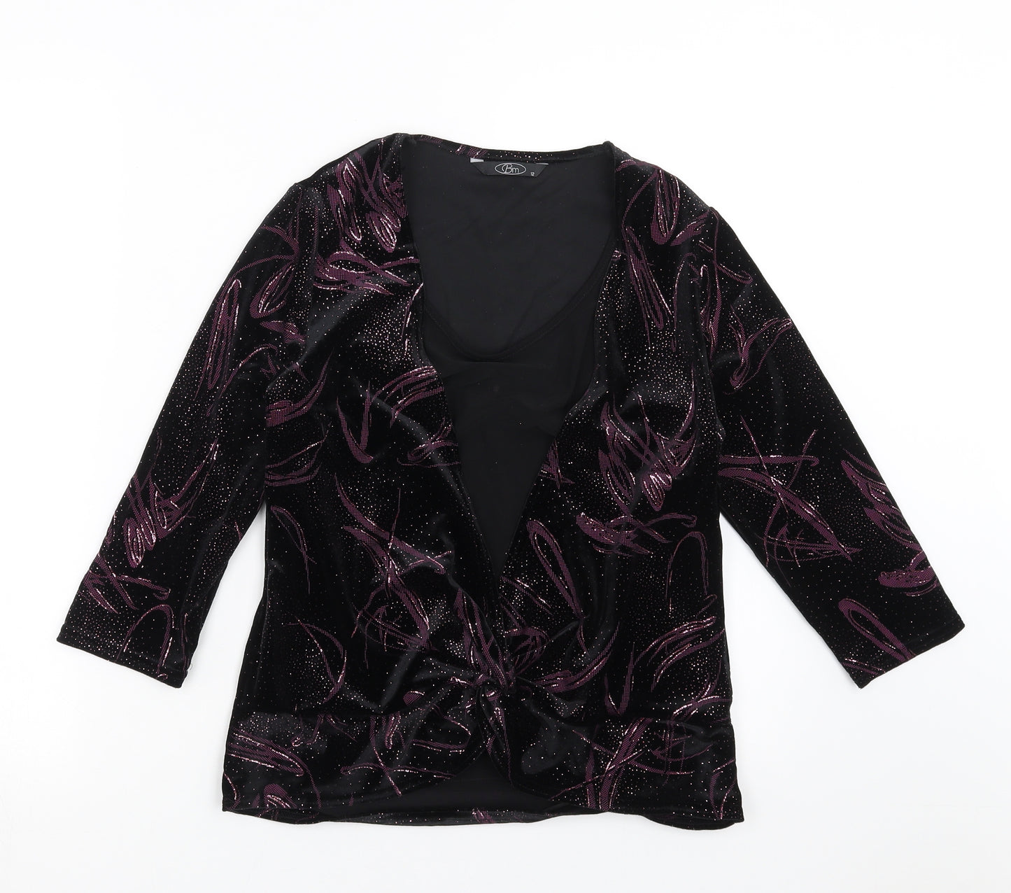 BM Womens Black Geometric  Basic Blouse Size 12  - Twist front