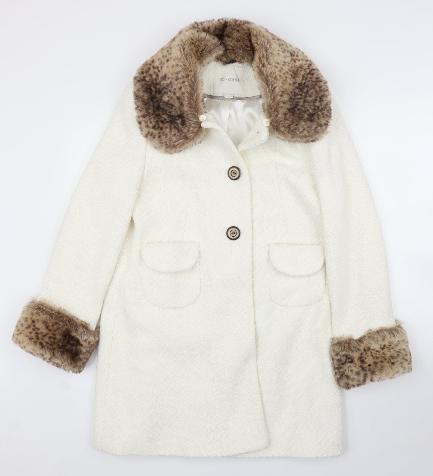 Monsoon Womens White Animal Print  Overcoat Coat Size 14  - Leopard print