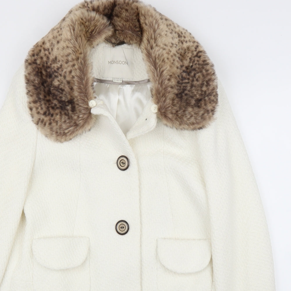 Monsoon Womens White Animal Print  Overcoat Coat Size 14  - Leopard print