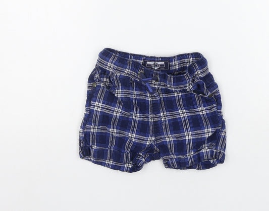Front view of Next boys’ blue check cropped trousers, size 9-12, months