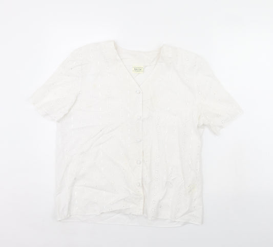 Front view of Style cut women’s white basic button-up, size UK 14