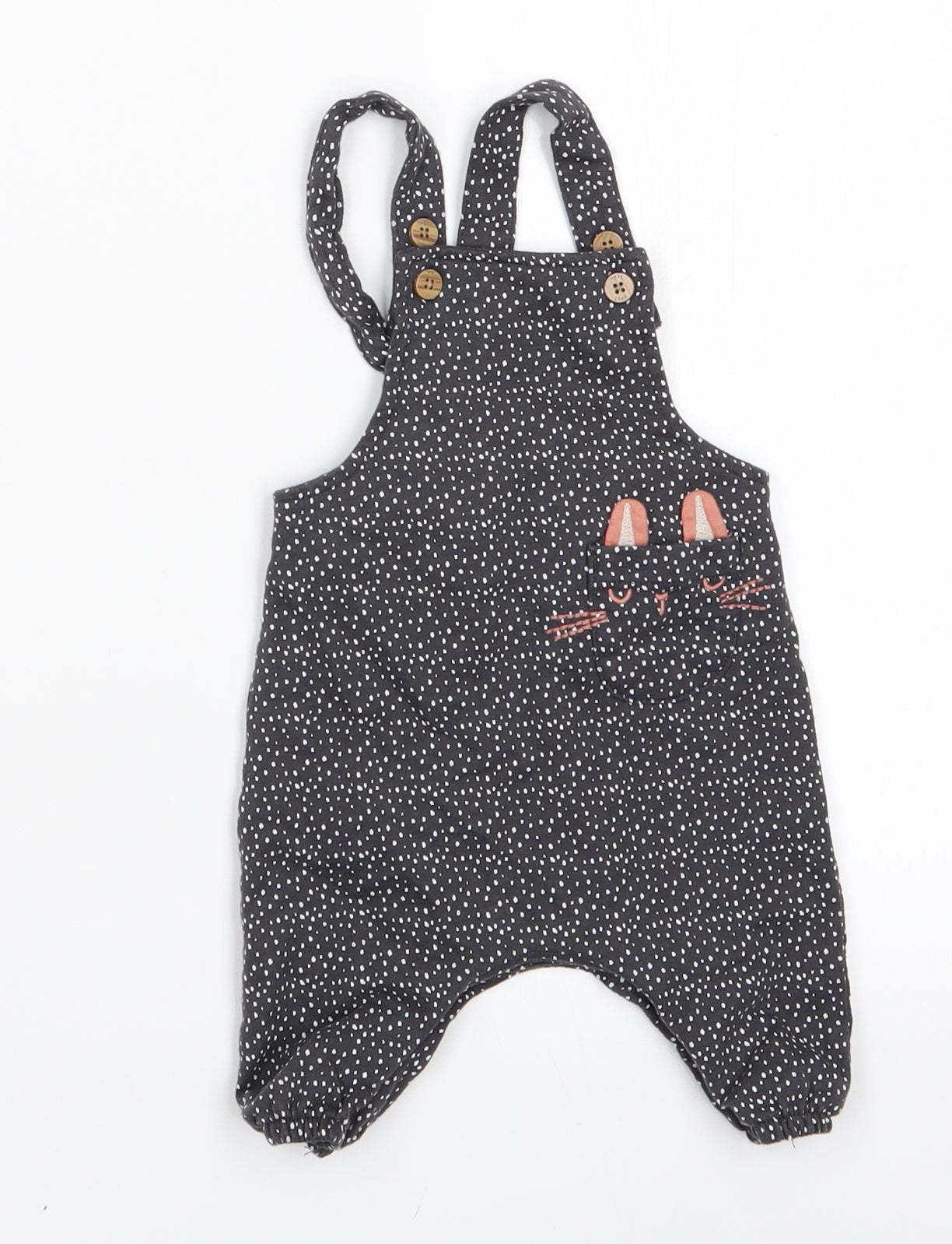 NEXT Girls Grey Polka Dot  Dungaree One-Piece Size 0-3 Months  - Cat Face