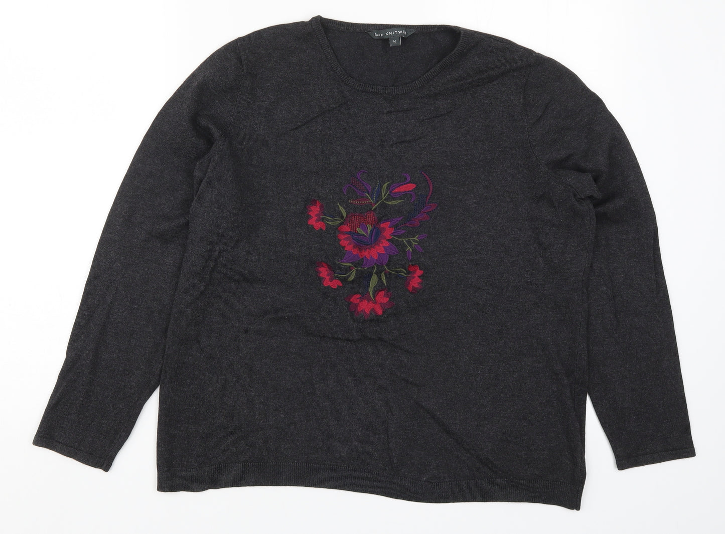 Bonmarché Womens Grey Floral Knit Pullover Jumper Size 16
