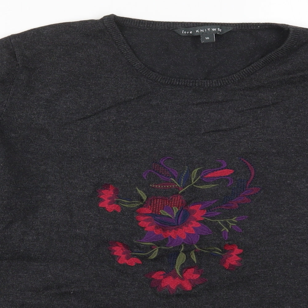 Bonmarché Womens Grey Floral Knit Pullover Jumper Size 16