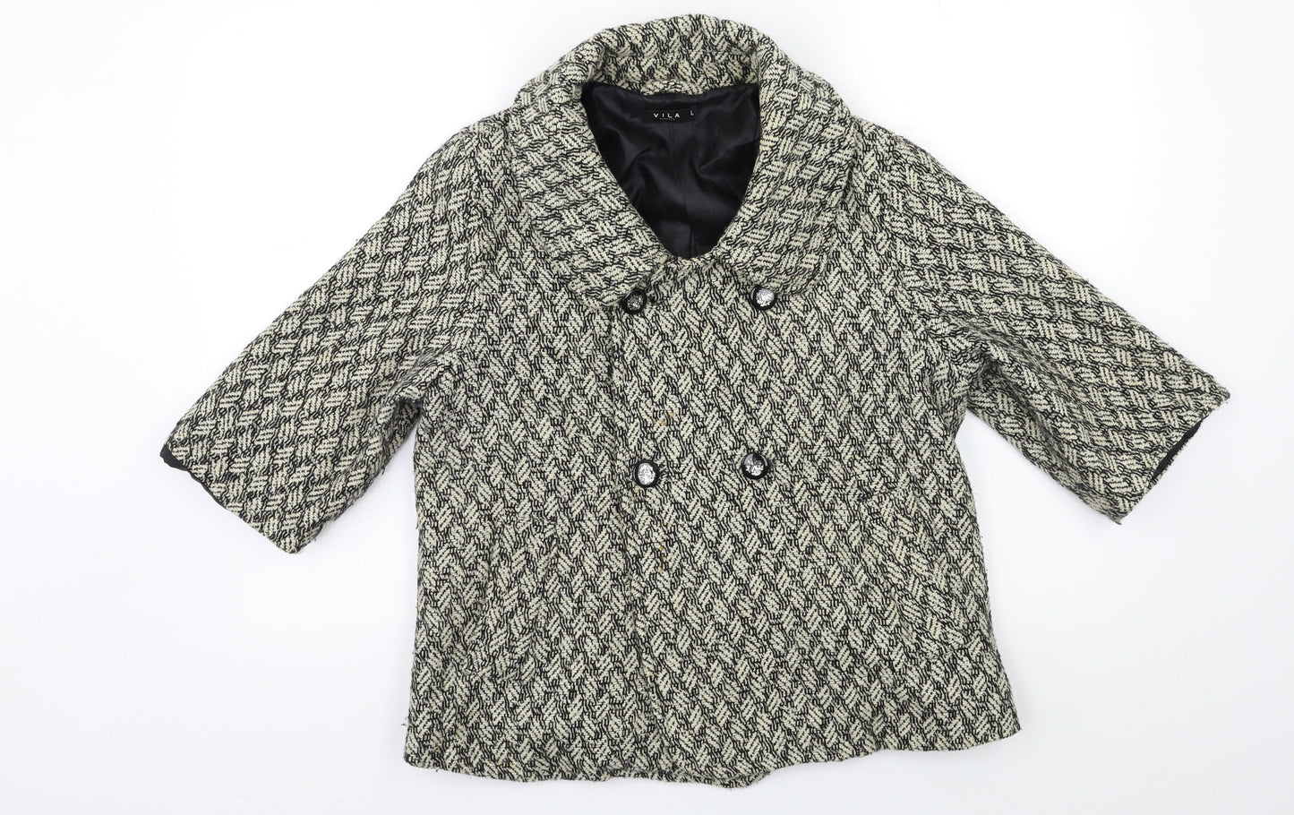 VILA Womens Black Houndstooth  Pea Coat Coat Size L